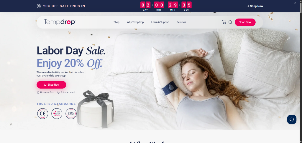 Tempdrop storefront banner showing a sleeping woman wearing the upper-arm fertility tracking band